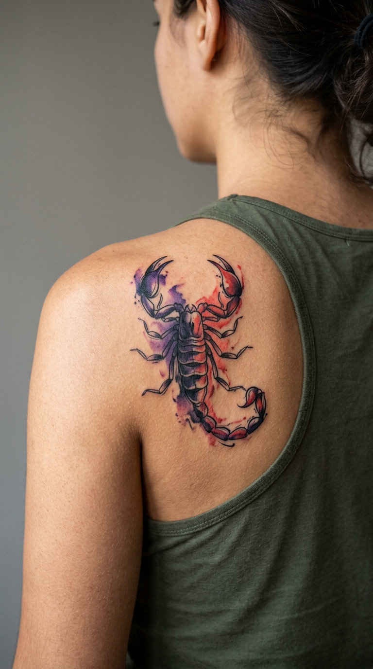 Watercolor Scorpion Across the Shoulder