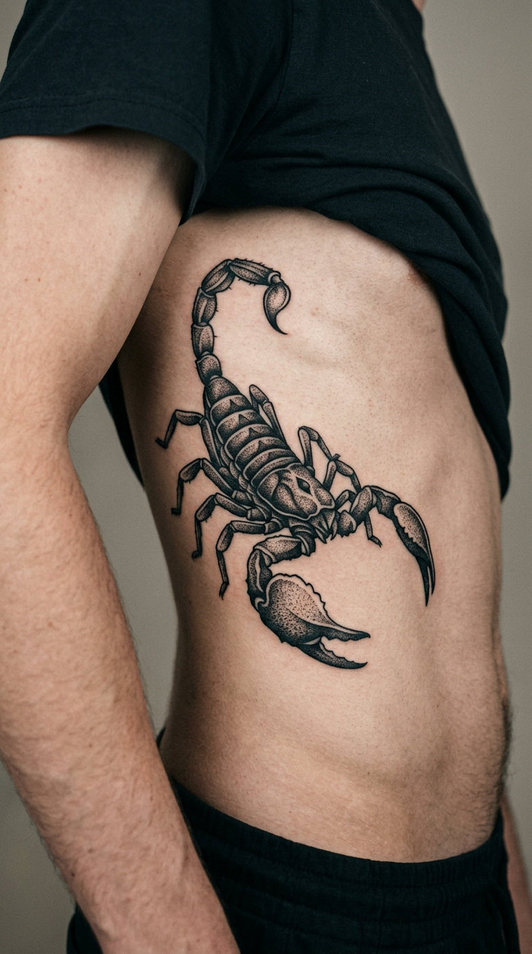 Blackwork Desert Scorpion on the Ribs