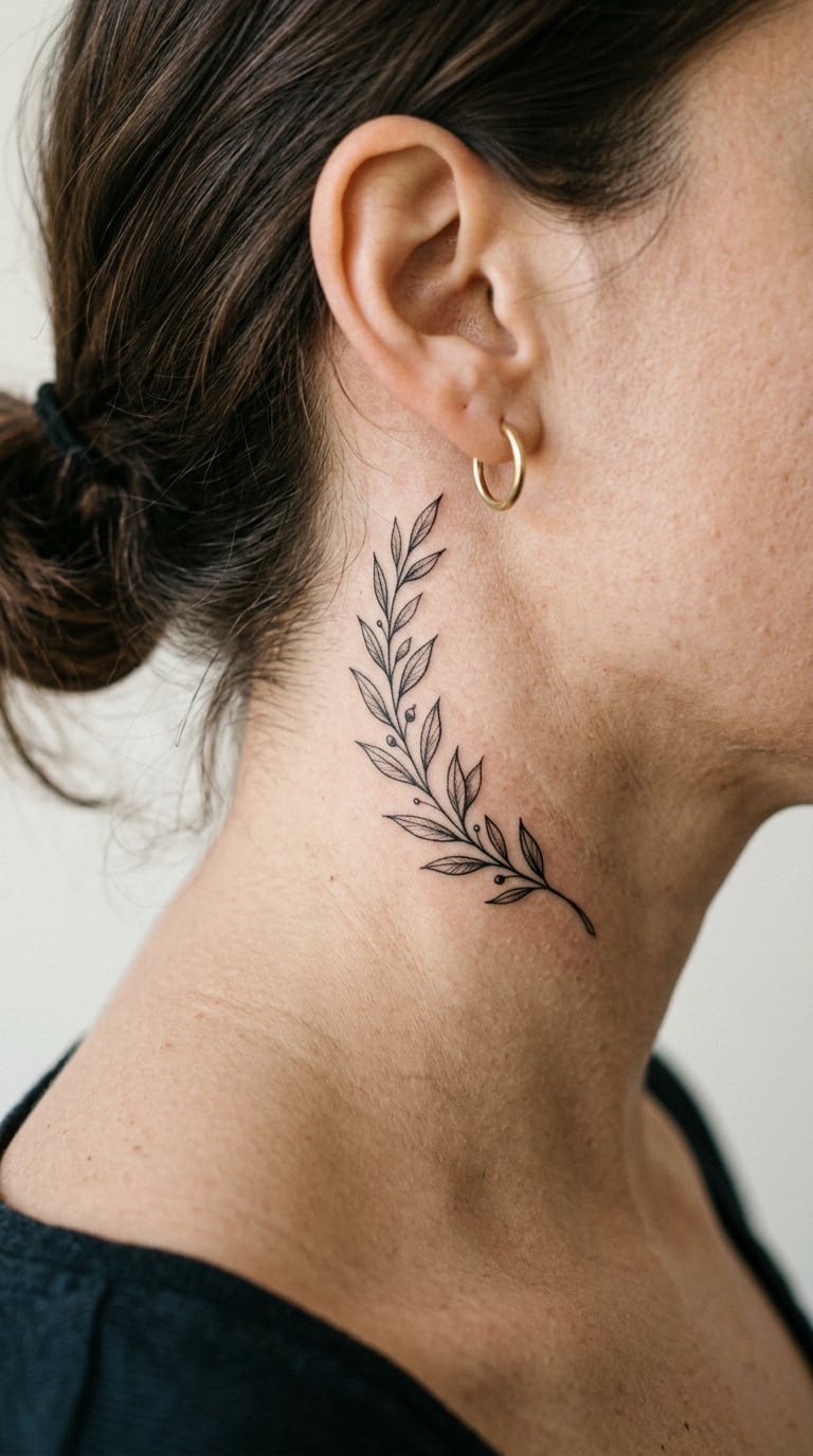 Fine-Line Botanical Sprig Below the Ear