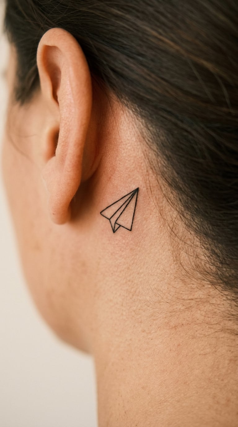 Fine-Line Paper Plane Behind the Ear
