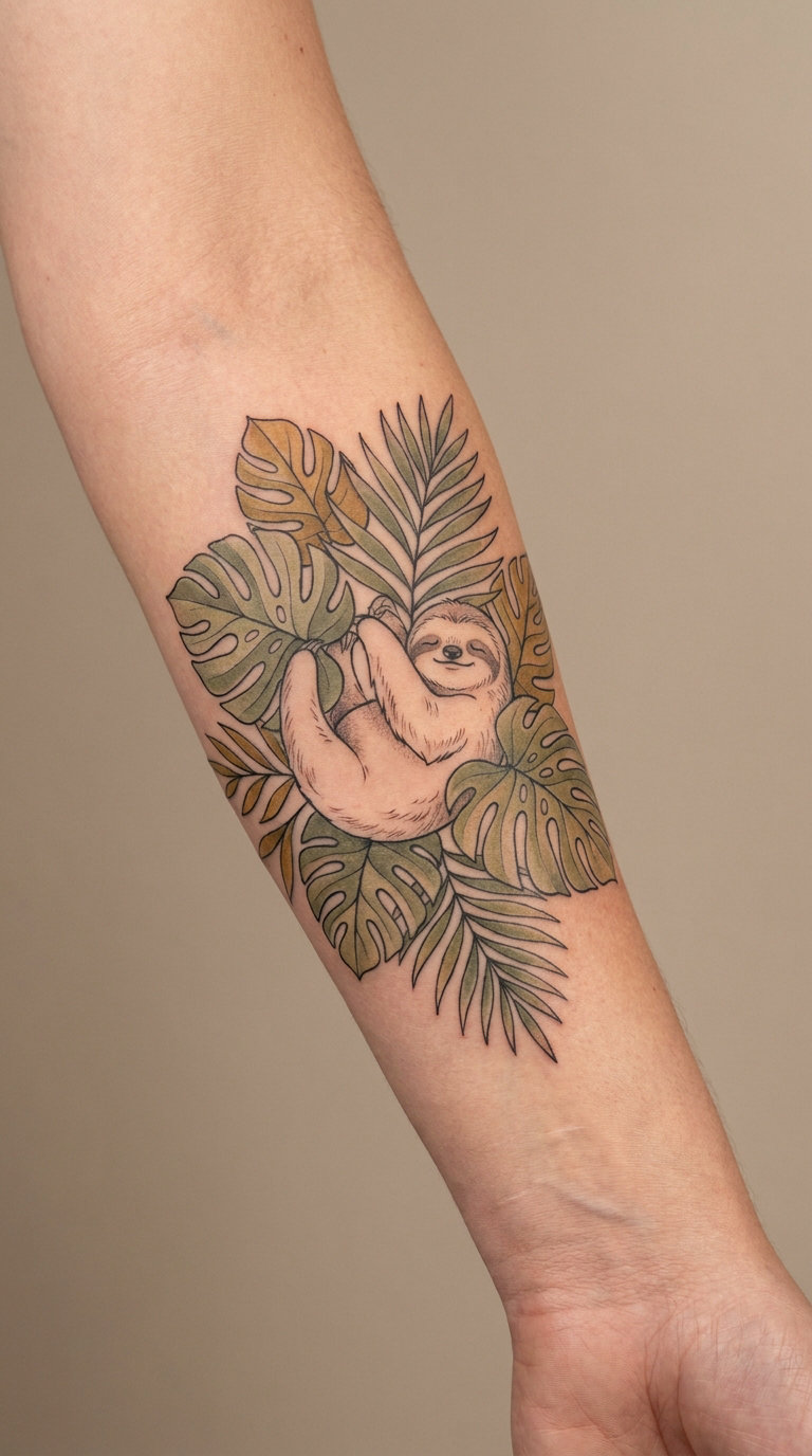 Sloth with Tropical Leaves