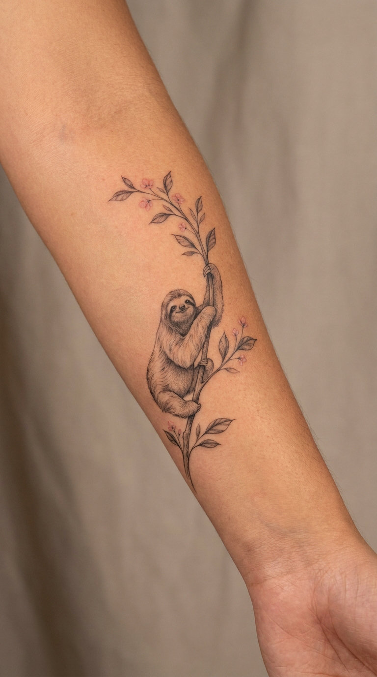 Sloth Climbing a Floral Branch