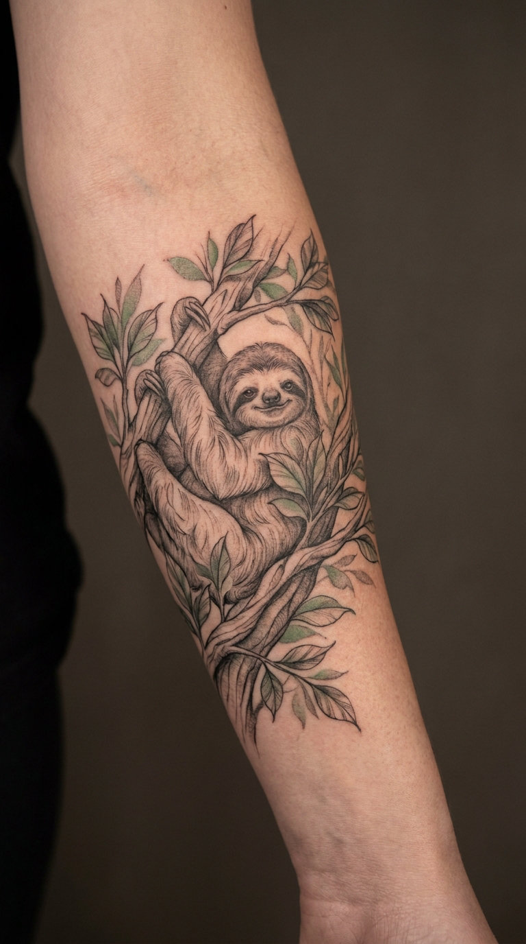Large Sloth-and-Forest Arm Tattoo
