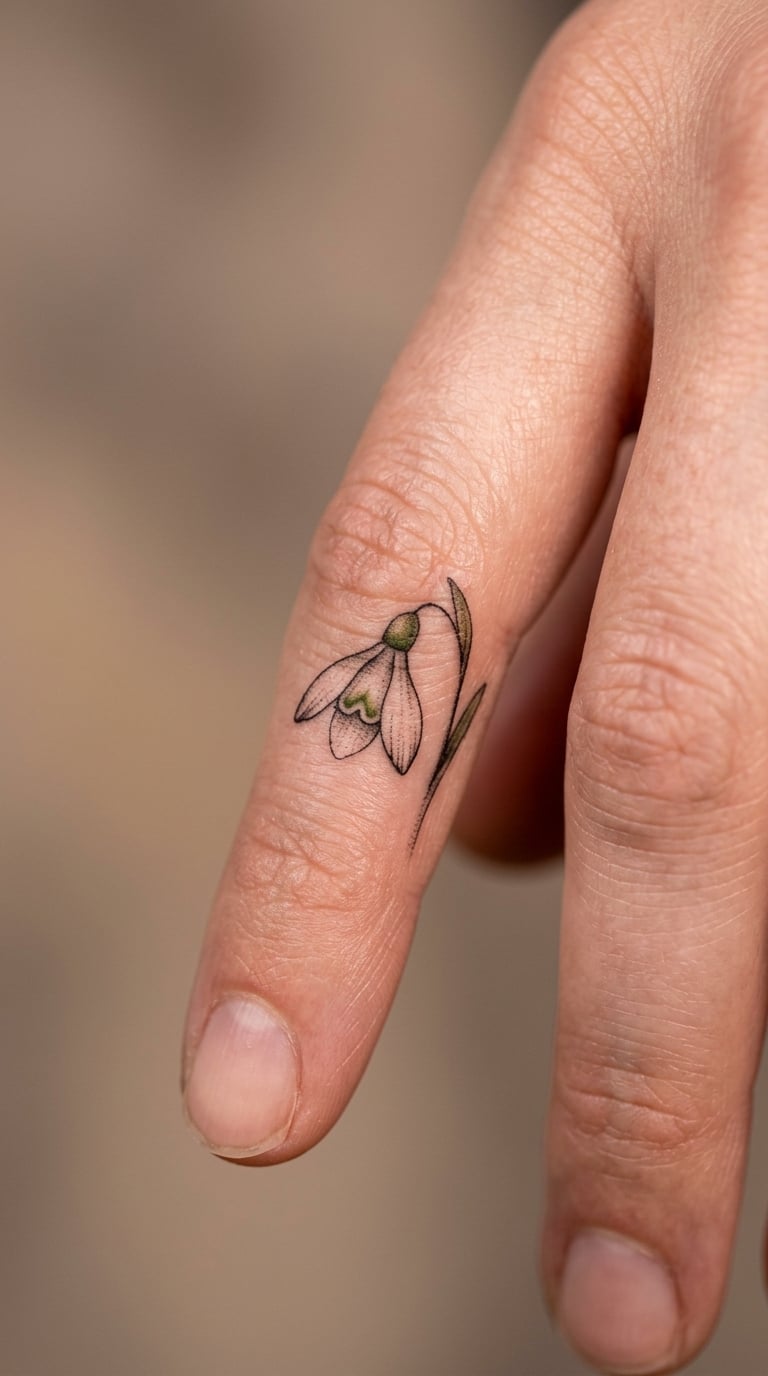 Micro-Realism Snowdrop on the Finger