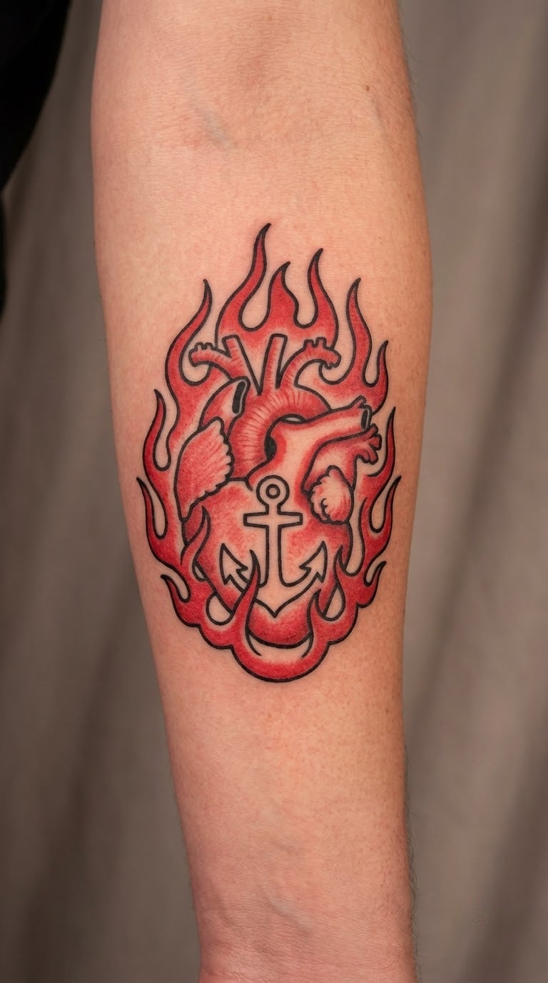 Flaming Heart Strength Symbol Tattoo