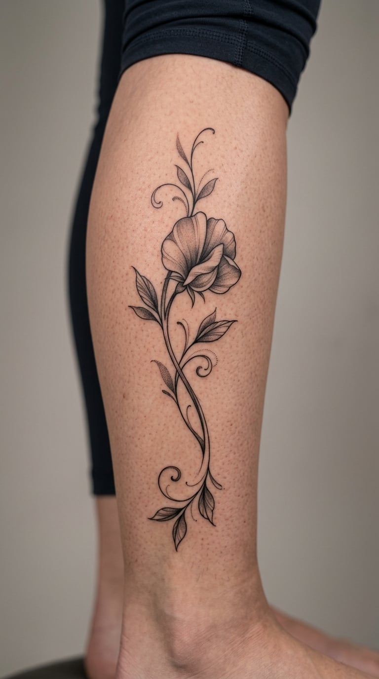 Black-and-Grey Sweet Pea Branch on the Calf