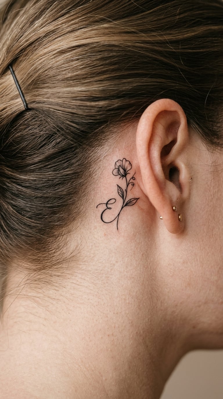 Minimal Sweet Pea Initial Behind the Ear