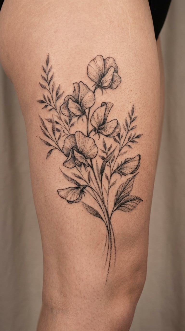 Stippled Sweet Pea Bouquet on the Thigh