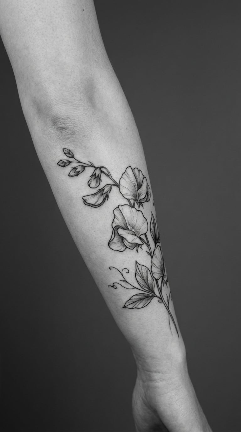 Monochrome Sweet Pea Half-Sleeve on the Forearm