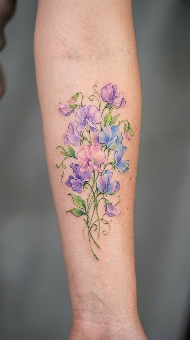 Watercolor Sweet Pea Bouquet on the Forearm