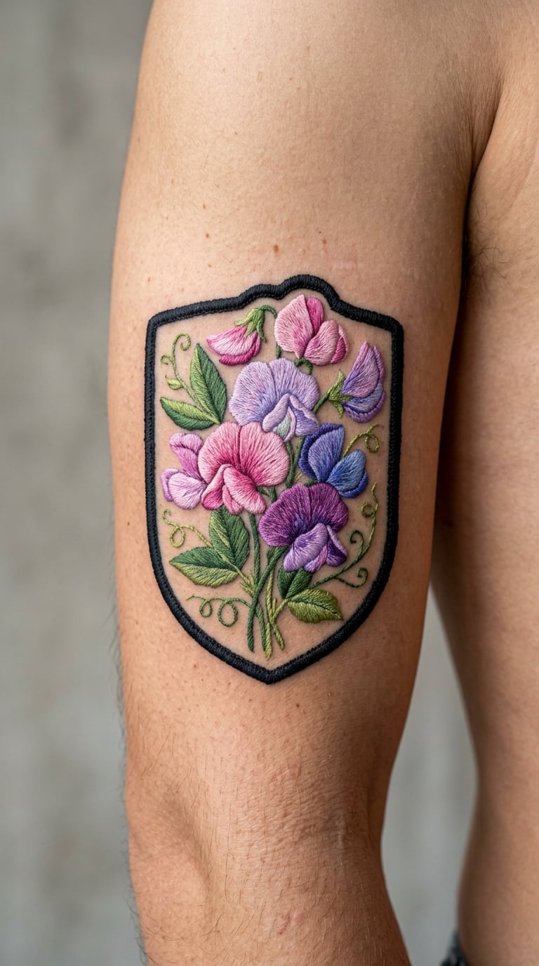 Embroidered-Look Sweet Pea Patch on the Bicep