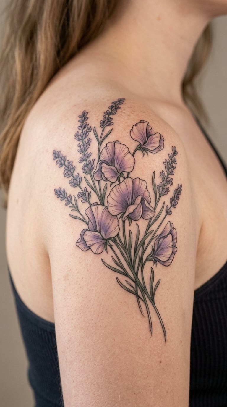 Realistic Lavender Sweet Pea on the Shoulder