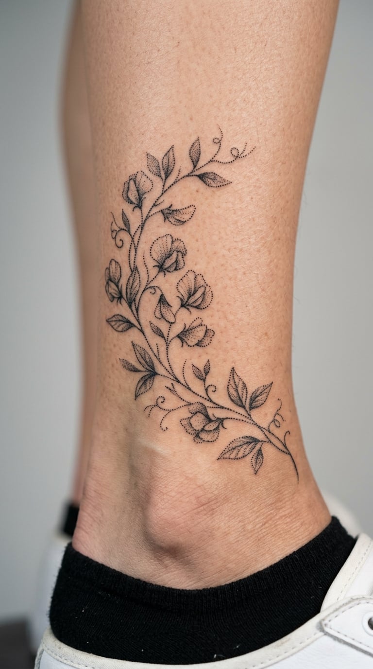Dotwork Sweet Pea Vine Wrapping the Ankle