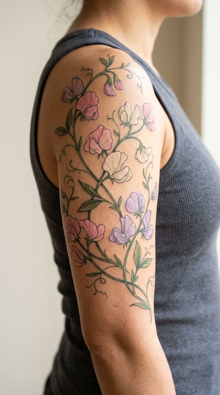 Pastel Sweet Pea Sleeve on the Upper Arm