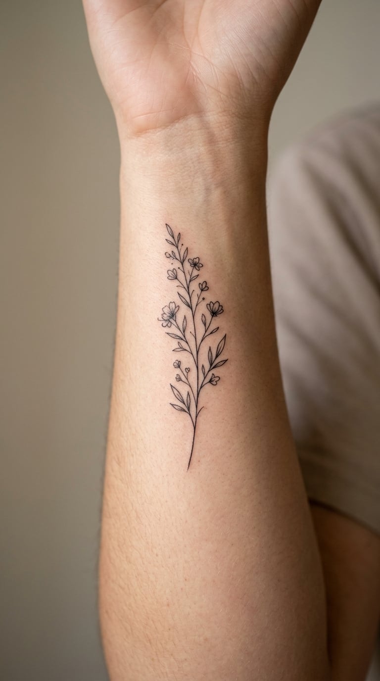 Fine-Line Botanical Sprig on the Inner Forearm