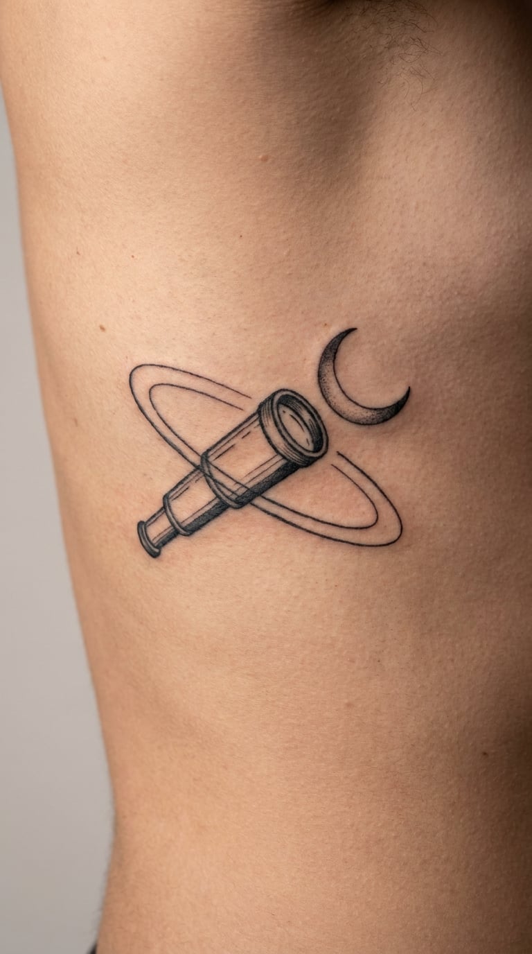 Crescent Moon and Telescope Linework Pair