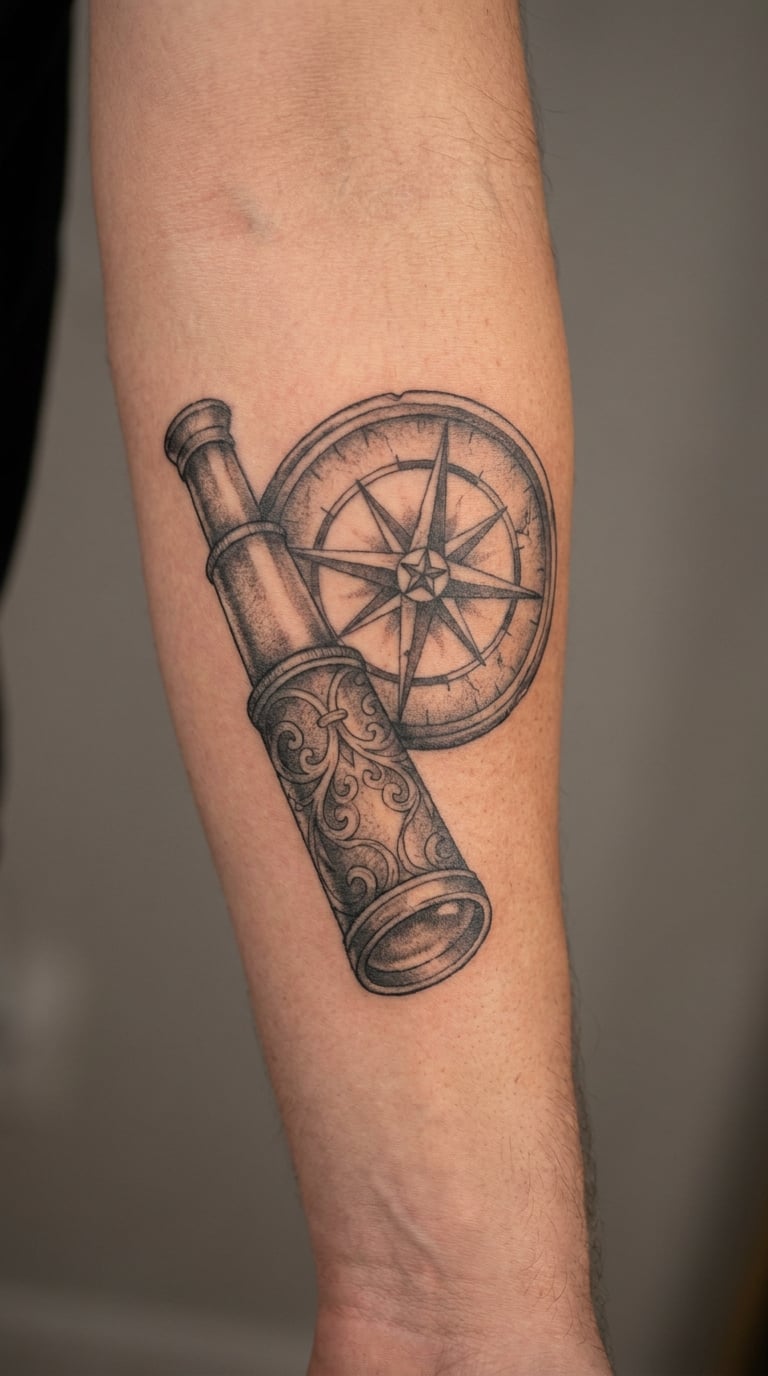 Antique Telescope with Compass Rose