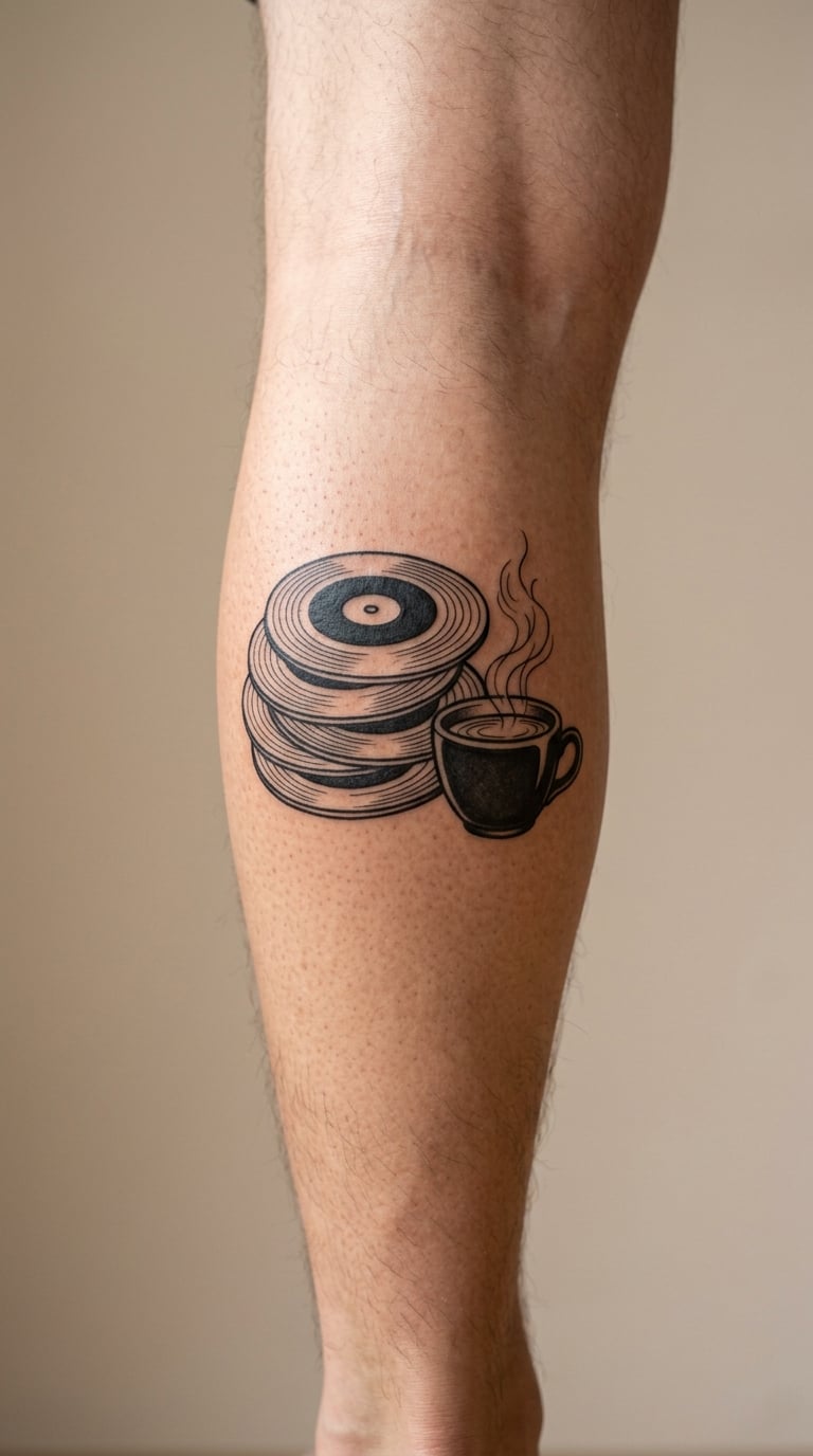 Record Stack with Coffee Cup