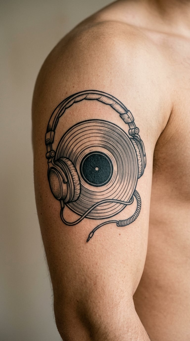 Headphones Wrapped Around a Record