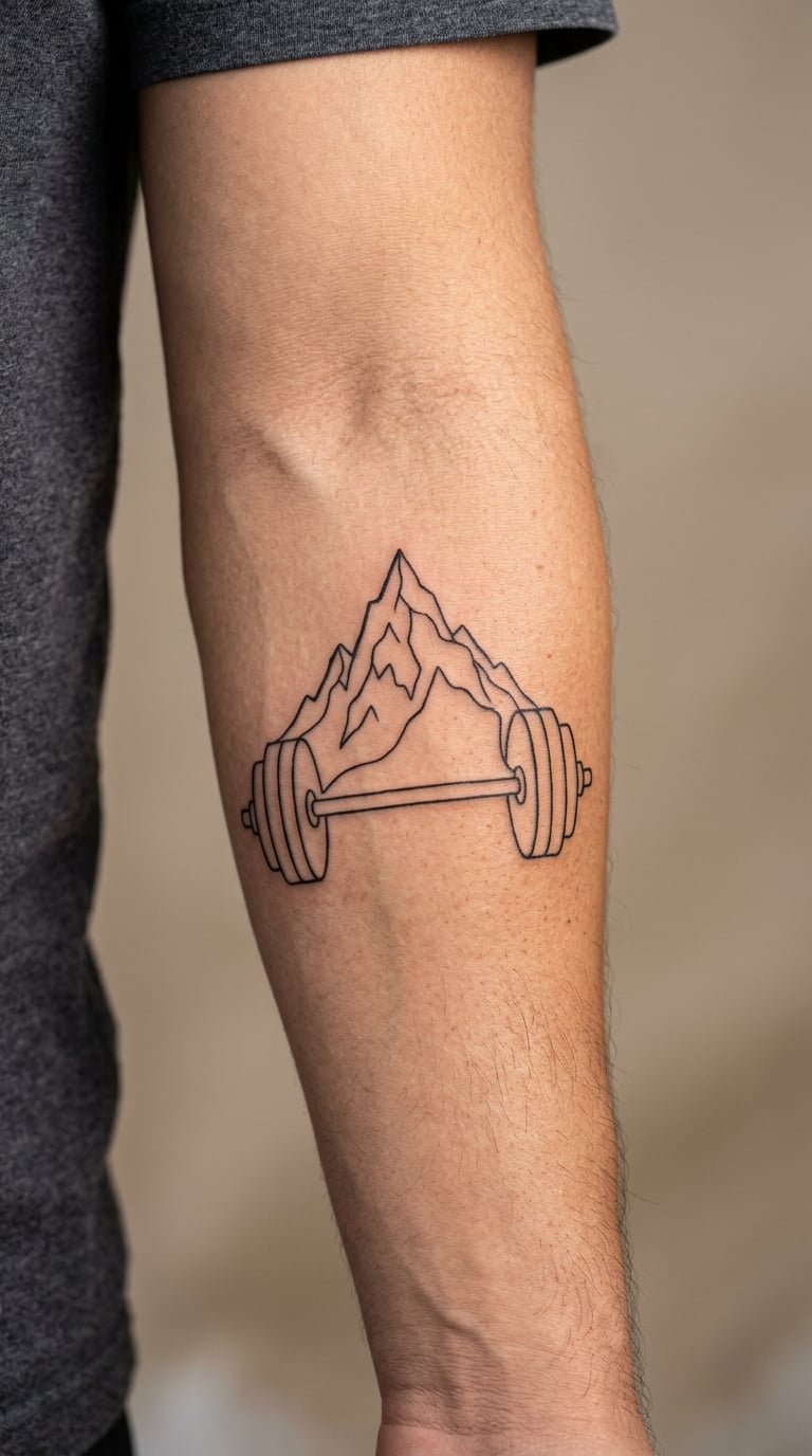Barbell and Mountain Line Art