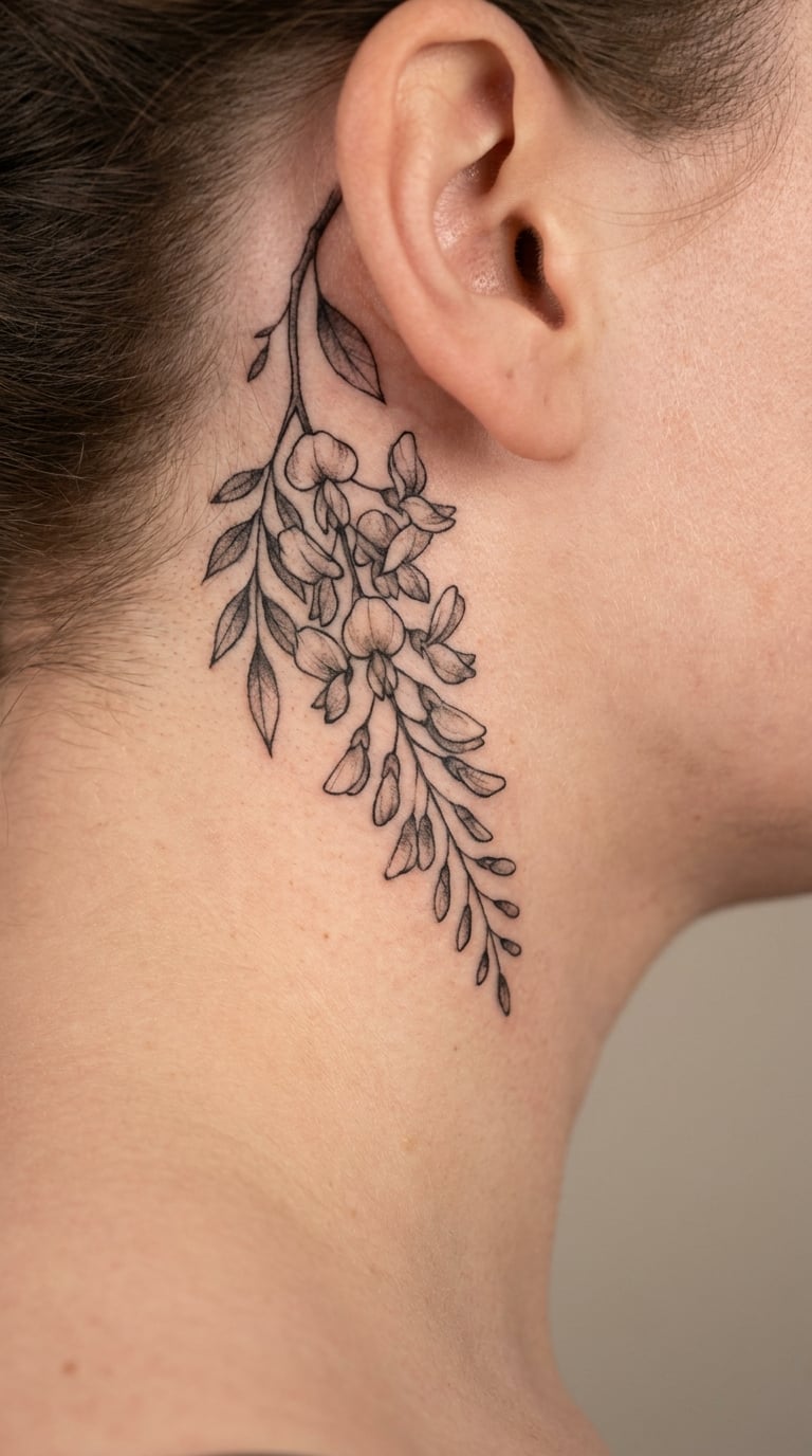 Black-and-Grey Wisteria Behind the Ear