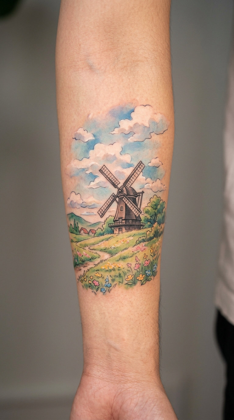 Windmill and Cloud Scene