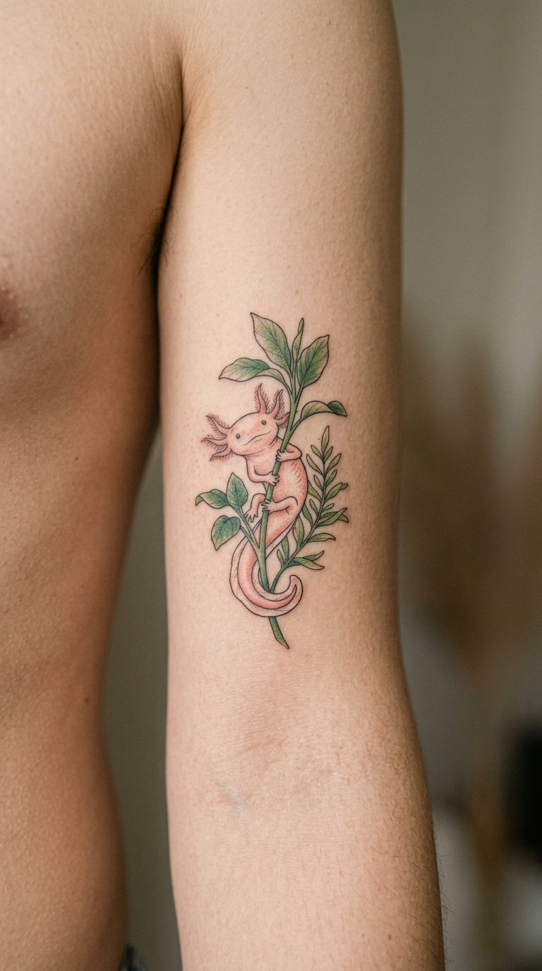 Axolotl Holding a Tiny Aquarium Plant