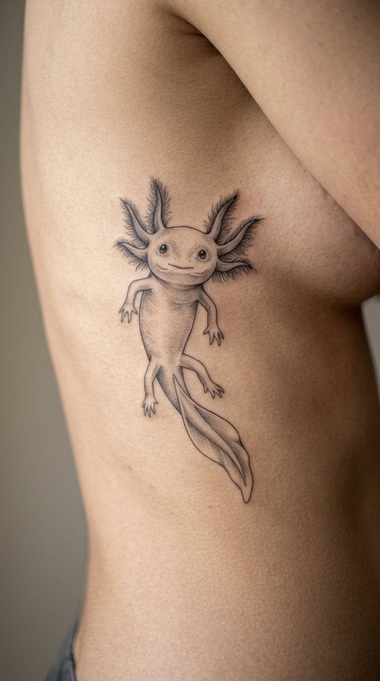 Albino Axolotl in Black-and-Grey