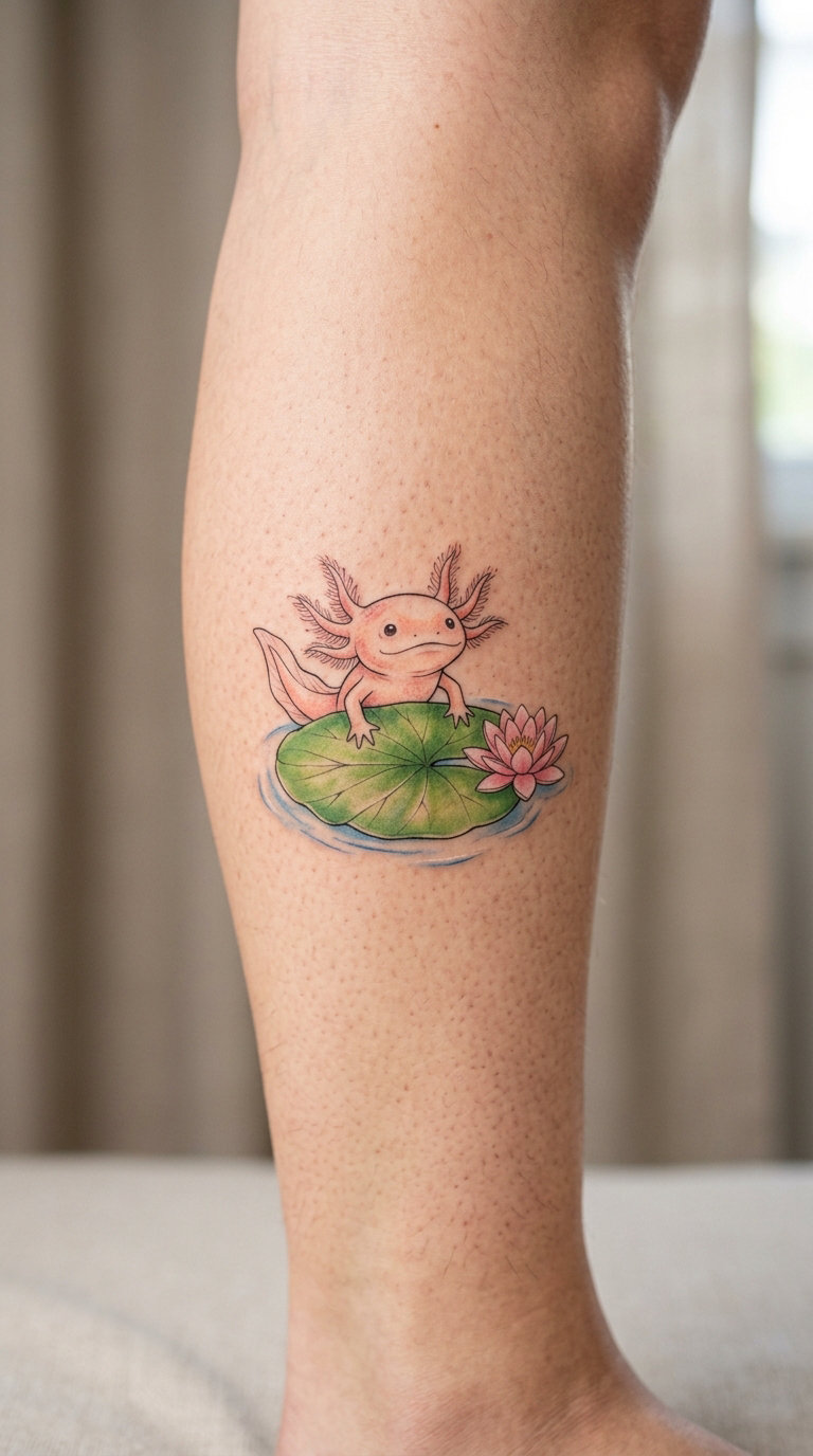 Axolotl Peeking from a Water Lily Pad
