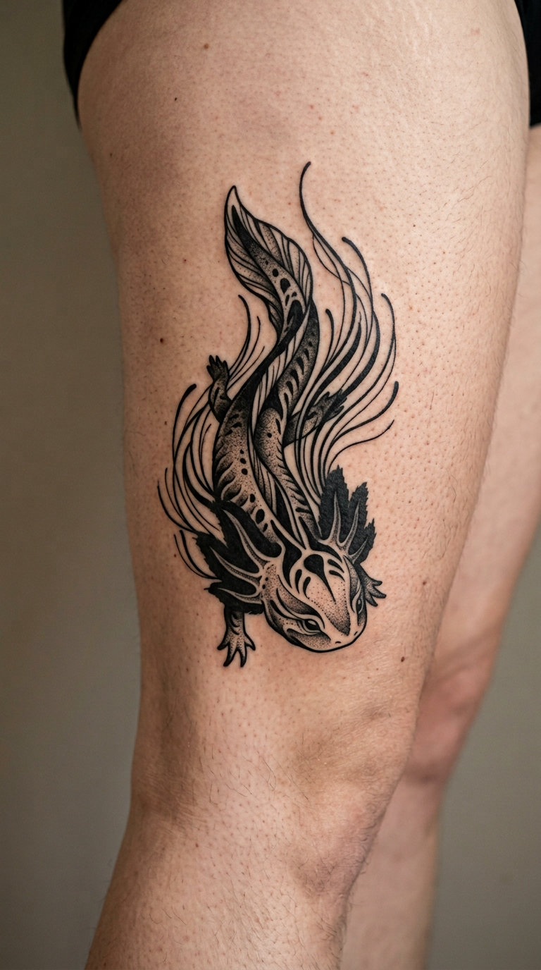 Blackwork Axolotl with Flowing Gills