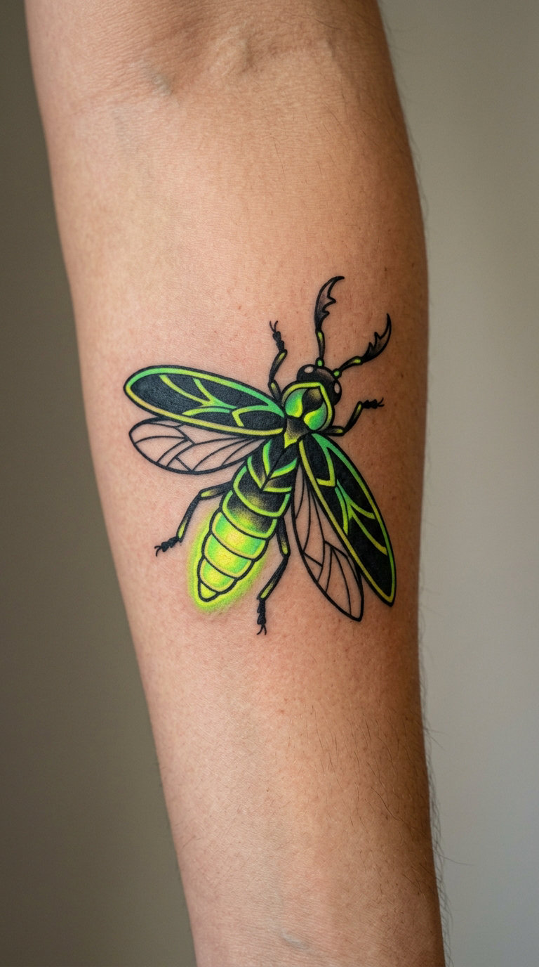 Neon Firefly Beetle on the Forearm