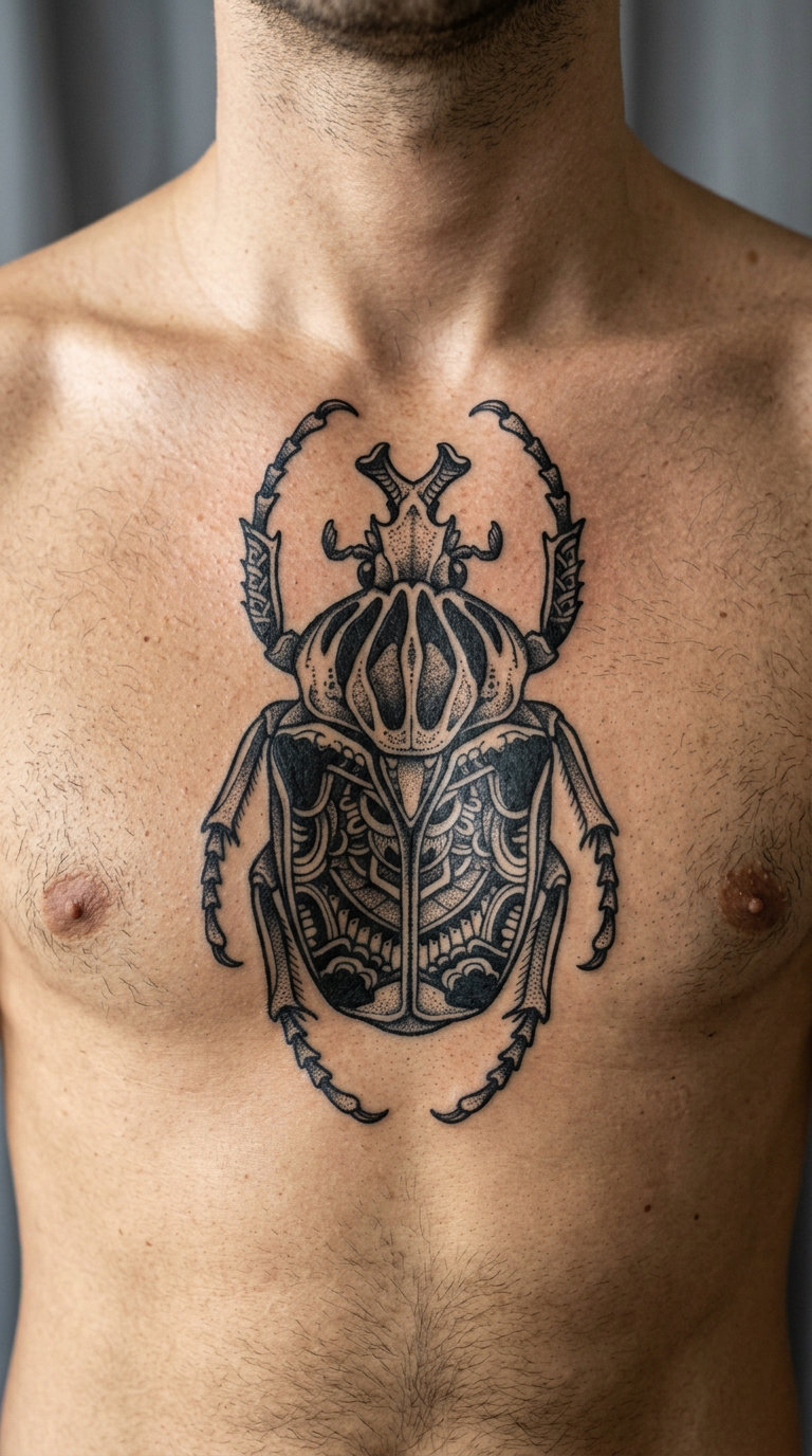 Blackwork Goliath Beetle on the Chest
