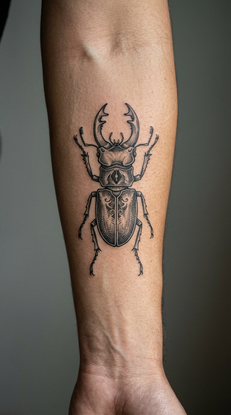 Engraving-Style Beetle on the Inner Arm