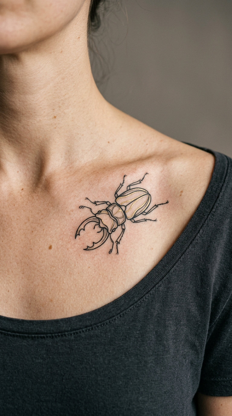 Gold-Accented Beetle on the Collarbone