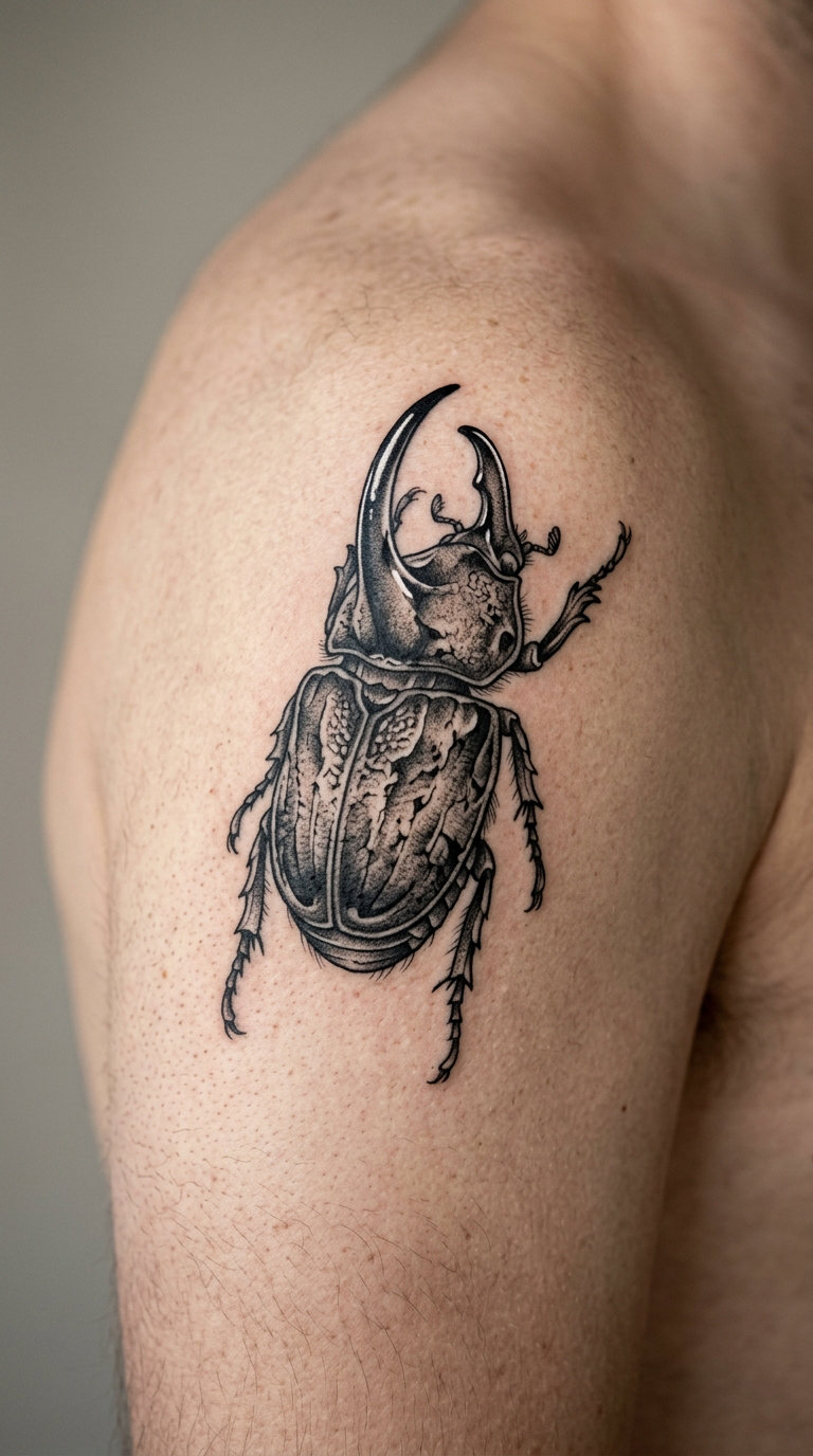 Micro-Realism Rhinoceros Beetle on the Shoulder