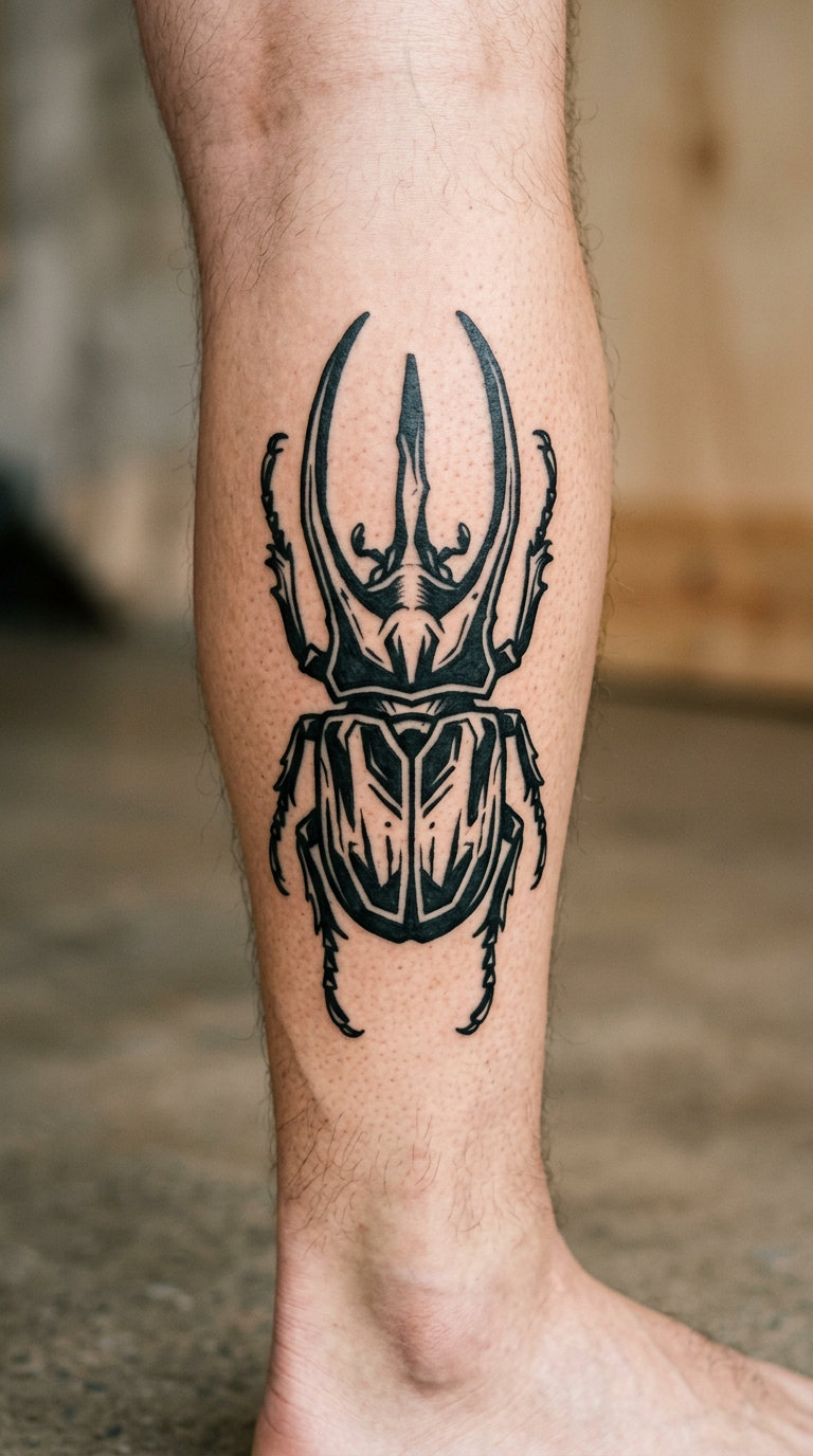 Blackwork Hercules Beetle on the Calf
