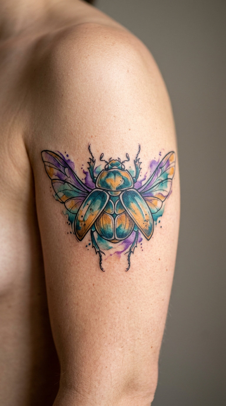Watercolor Scarab Beetle on the Upper Arm