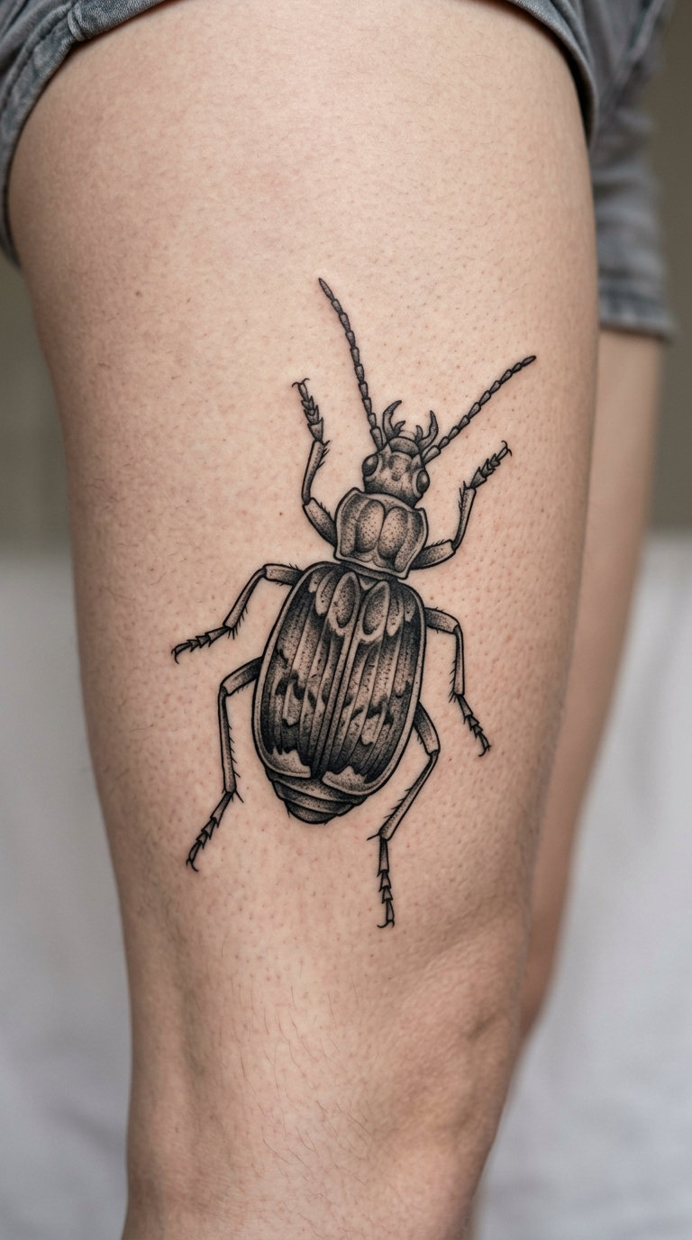 Realistic Bombardier Beetle on the Thigh