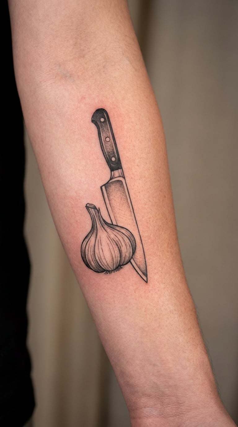 Chef Knife and Garlic Bulb