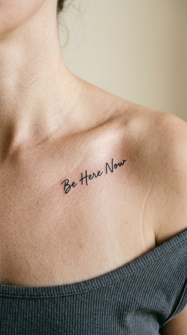 Handwritten Be Here Now Collarbone Tattoo