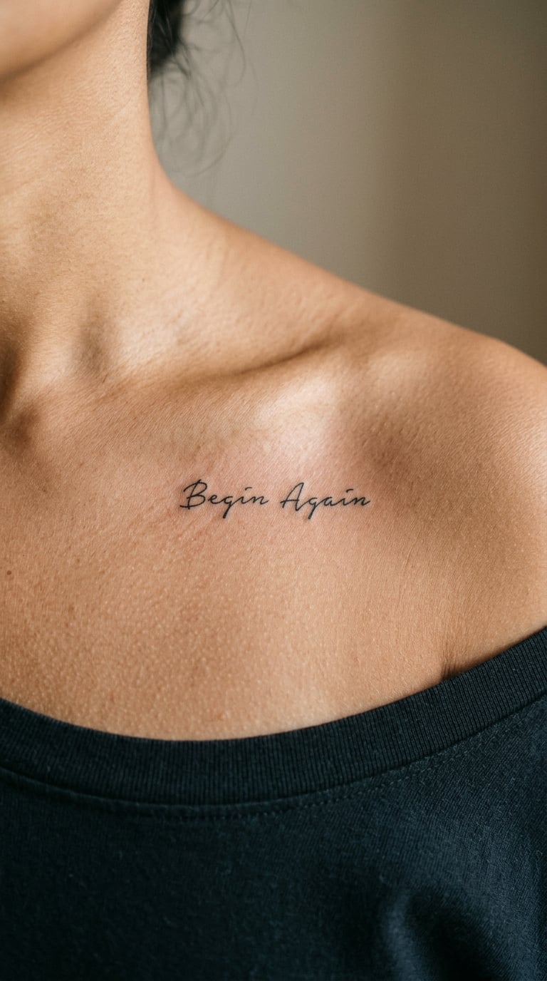Tiny Begin Again Collarbone Quote