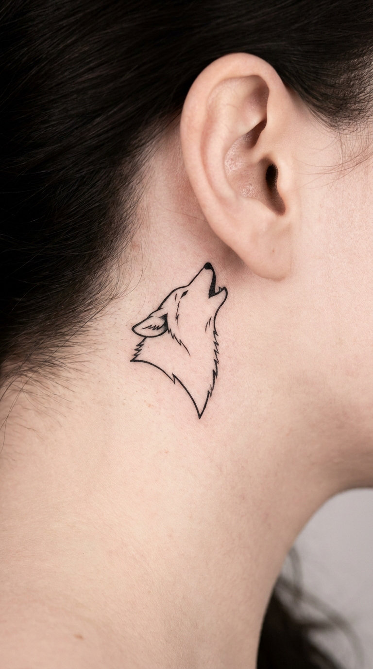 Fine-Line Howling Coyote Behind the Ear