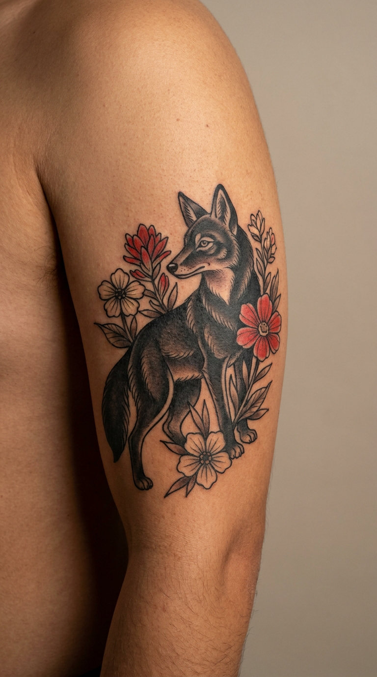 Neo-Traditional Coyote with Desert Flowers