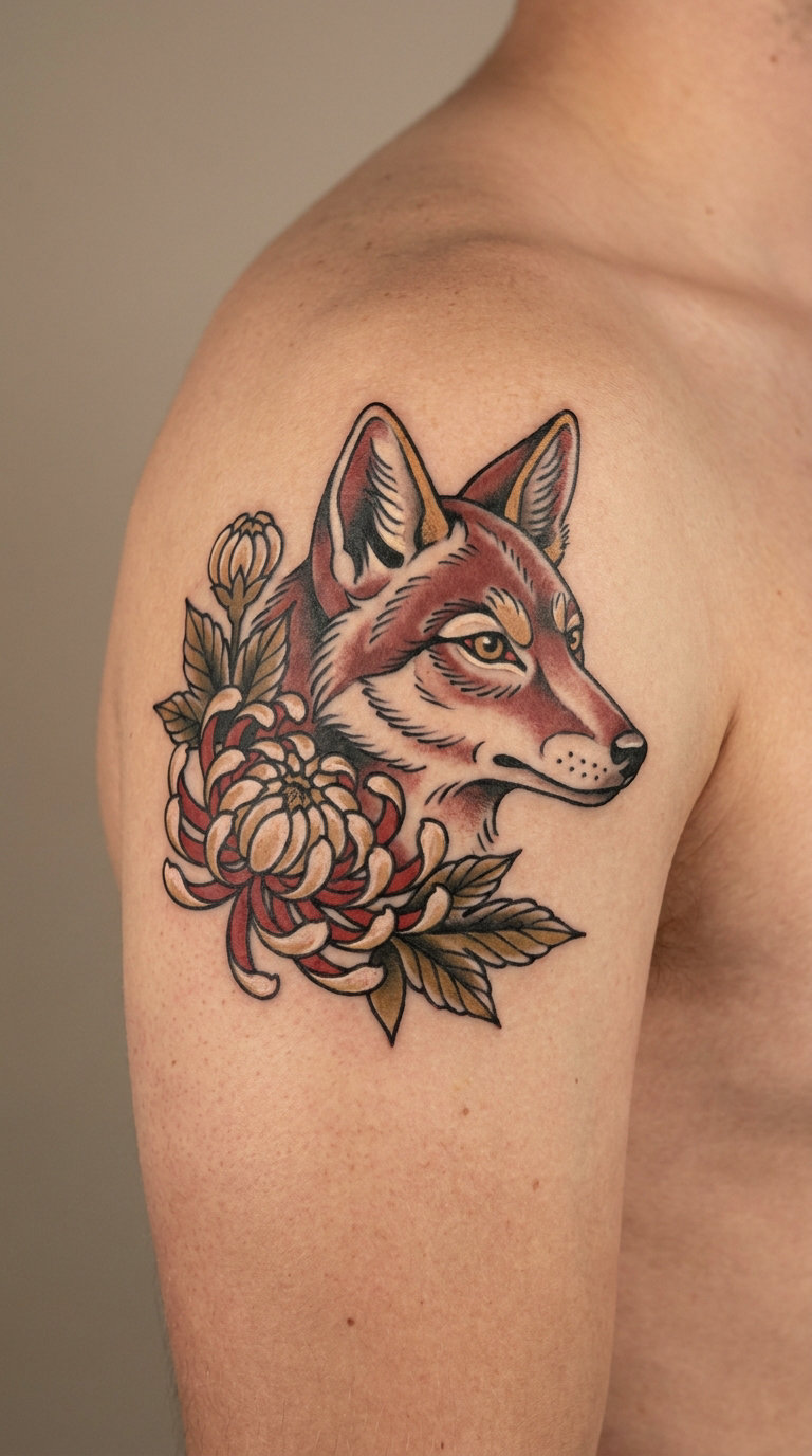 Traditional Coyote with Chrysanthemum Flowers