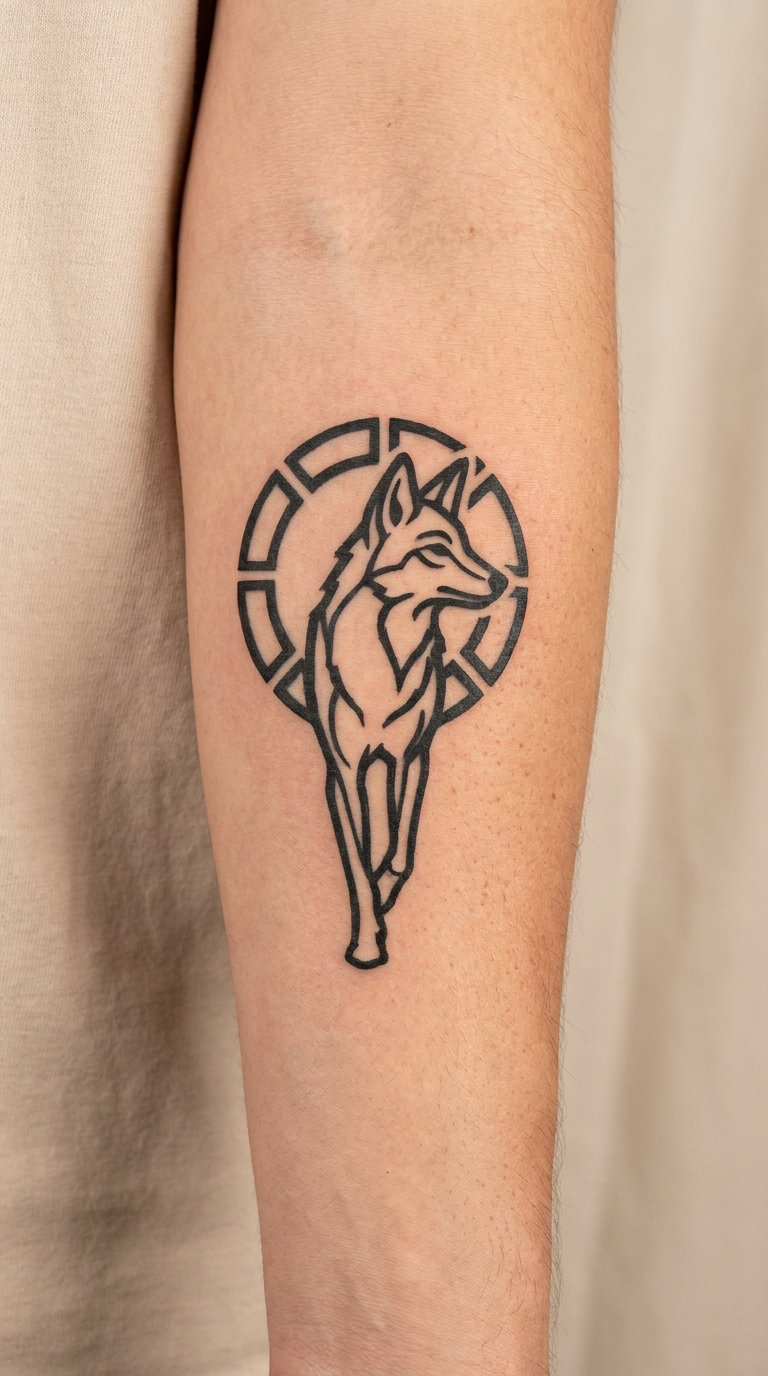Blackwork Coyote Emerging from a Circle