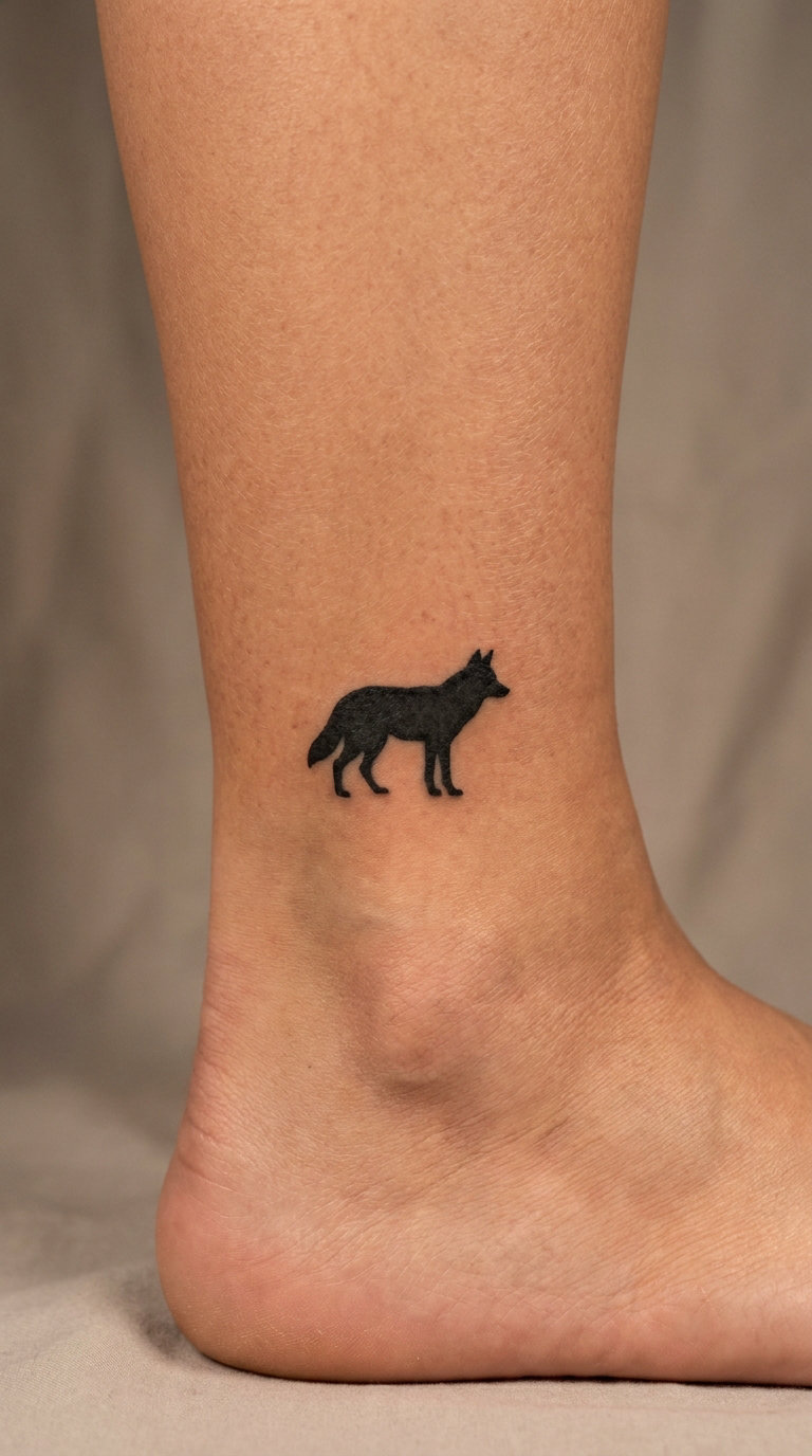 Tiny Black Coyote Silhouette on an Ankle