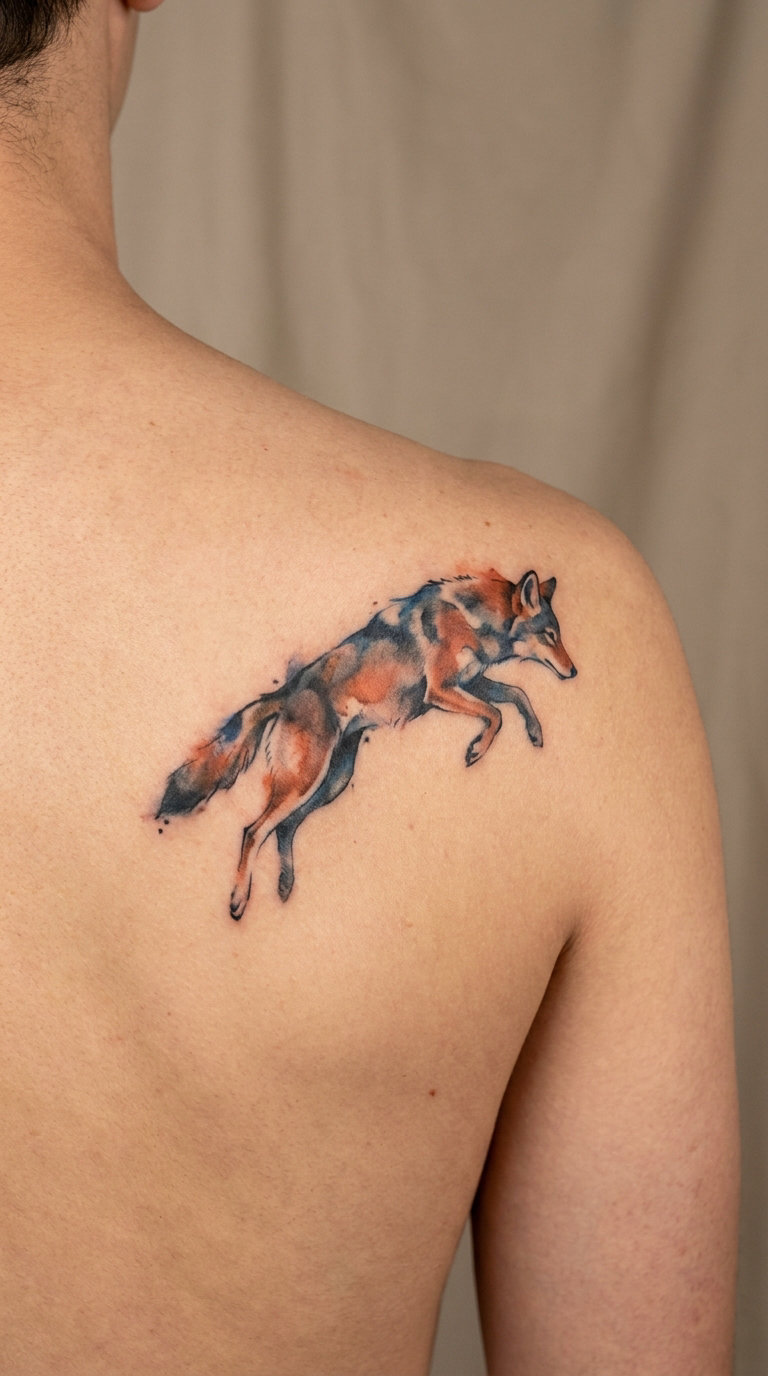 Watercolor Coyote Leaping on the Shoulder