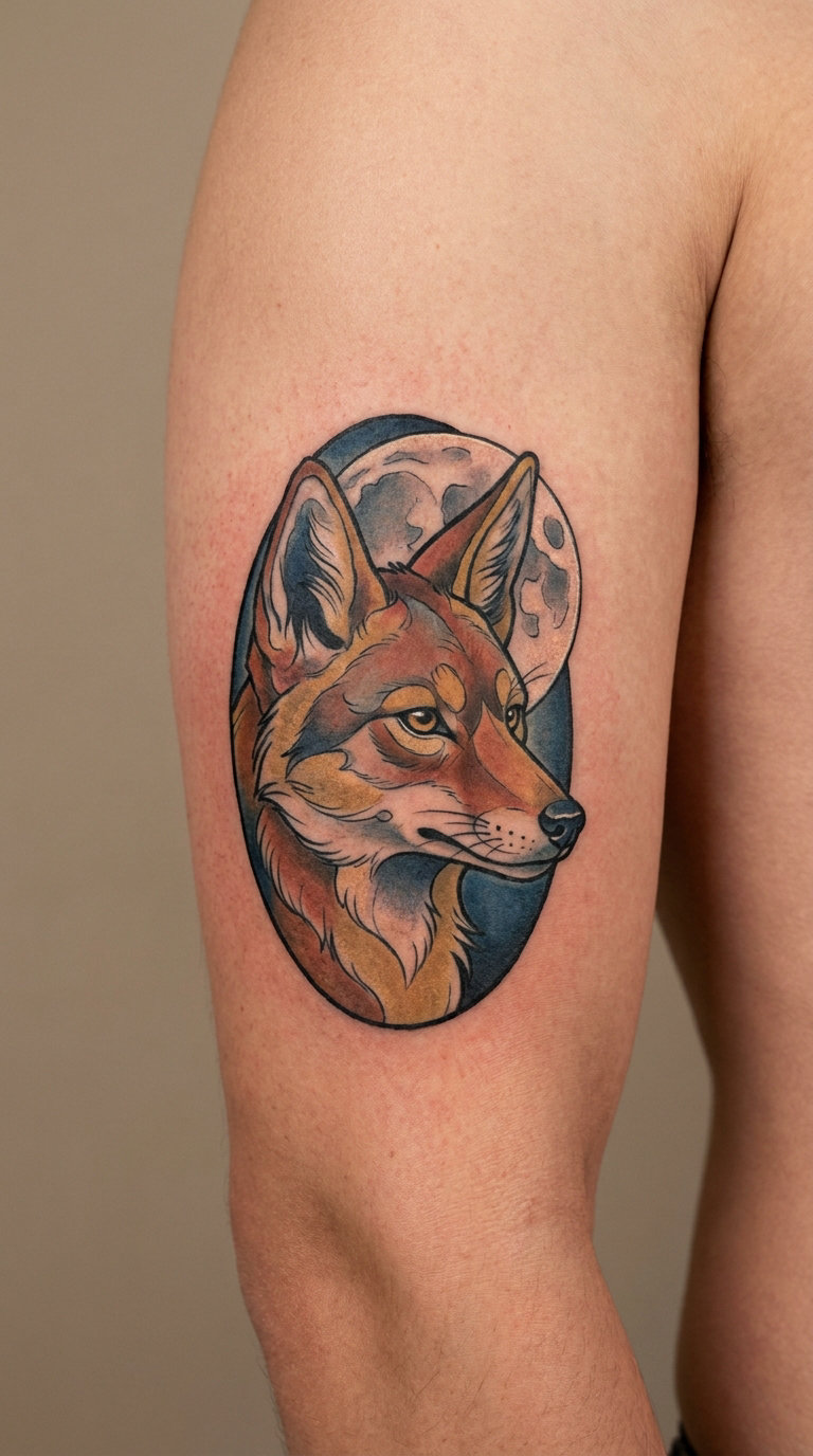 Neo-Traditional Coyote Head with a Moon