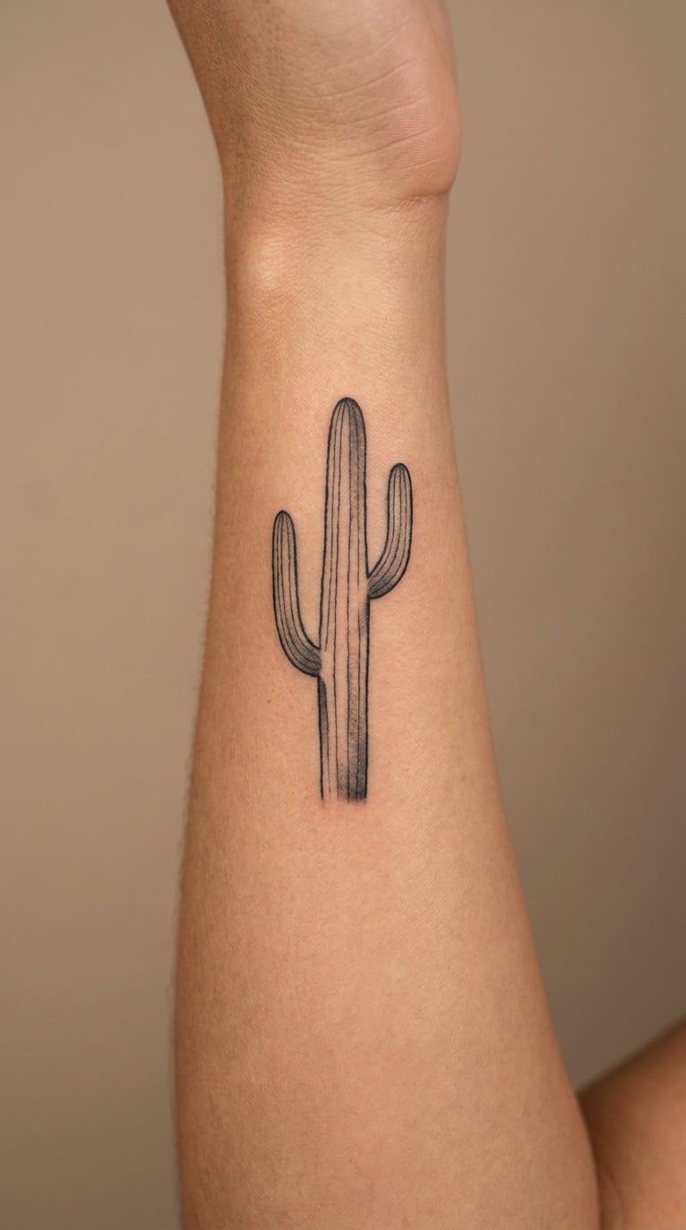 Minimal Saguaro Forearm Tattoo