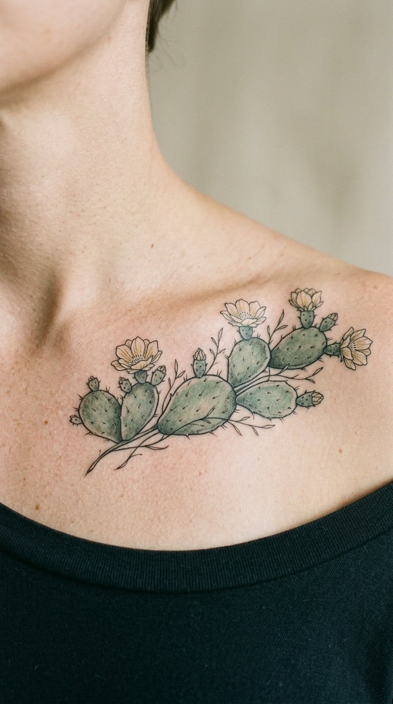 Prickly Pear Bouquet Collarbone Tattoo